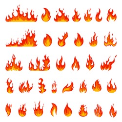 Cartoon Flame. Fire Fireball, Red Hot Campfire, Yellow Heat Wildfire And Bonfire, Burn Power Fiery Silhouettes Isolated Vector Illustration Set. Fireball Power Light, Flame Bonfire Energy