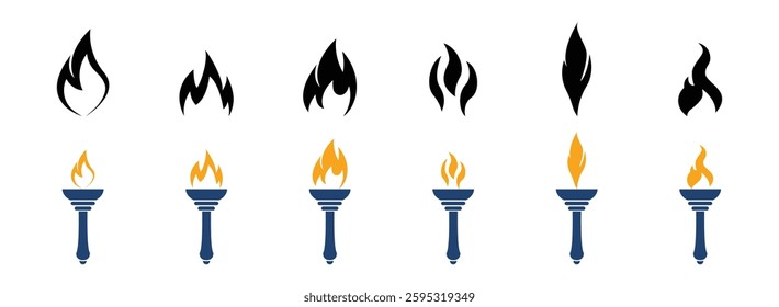 Cartoon flame. Fire fireball, red hot campfire, yellow heat wildfire and bonfire, burn power fiery silhouettes isolated vector illustration set. Fireball power light, flame bonfire energy