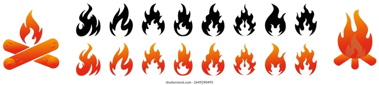 Chama dos desenhos animados. Incêndio bola de fogo, fogo quente vermelho, fogo selvagem de calor amarelo e fogueira, queima poder silhuetas isoladas vetor ilustração conjunto. Luz de energia da bola de fogo, energia da fogueira