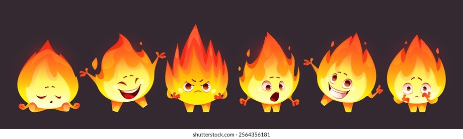 Cartoon flame mascot showing various emotions - yellow fiery character expressing sleeping, laughing, angry, surprised, cheerful and scared moods. Cute burning personage with expressive eyes.