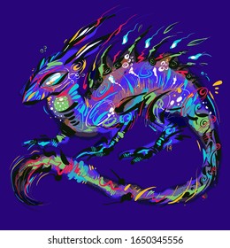 Cartoon flame monster, glowing in the dark. vector illustration