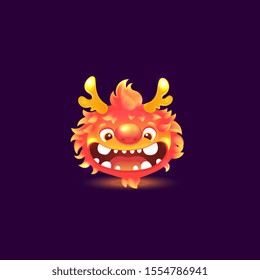 Cartoon flame monster with goofy smile and deer antlers, isolated funny alien animal with big teeth and fire skin smiling and glowing in the dark - vector illustration