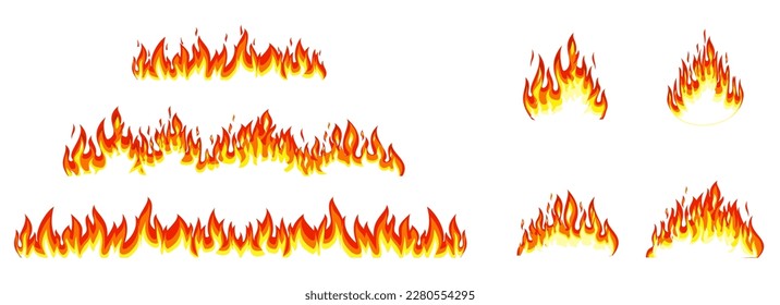 Cartoon flame. Power fiery silhouettes isolated vector illustration set. Bonfire and fiery borders decorative elements. Isolated bright red and orange blaze, warning signs of flammable objects.