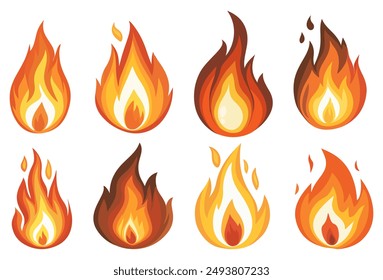 Cartoon flame set. Fire flame icon set long and short tongues of flame of different sizes and shapes vector illustration.
