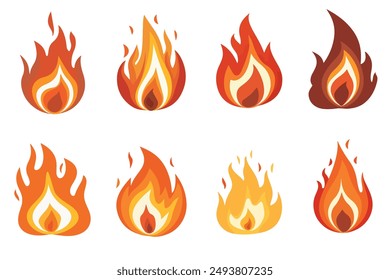 Cartoon flame set. Fire flame icon set long and short tongues of flame of different sizes and shapes vector illustration.