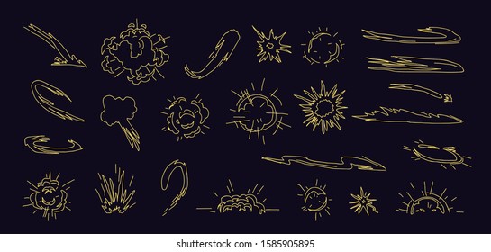 Cartoon flame smoke cloud, speed hit effect and promo flash blast vector illustration in eps10