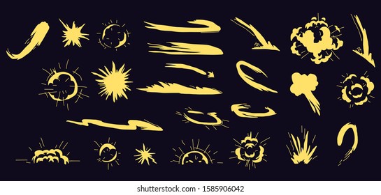 Cartoon flame smoke cloud, speed hit effect and promo flash blast vector illustration in eps10