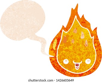 cartoon flame with speech bubble in grunge distressed retro textured style