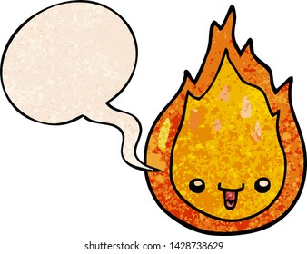cartoon flame with speech bubble in retro texture style