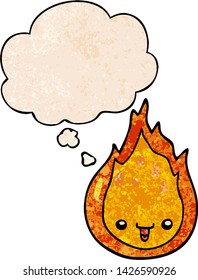 cartoon flame with thought bubble in grunge texture style