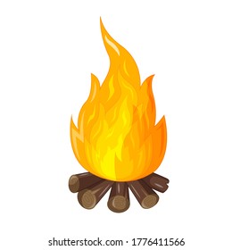 Cartoon flames with the bright core. Vector illustration of flame and wood isolated on white background. Icon, logo, graphic design element in flat cartoon style.