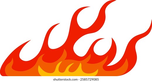 Cartoon flames burning in vibrant shades of bright orange and red create an energetic visual effect, standing out dramatically against a clean white background