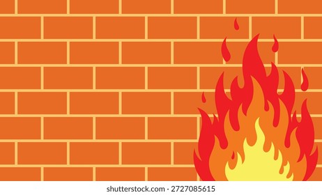 Cartoon flames engulfing a brick wall with orange and yellow hues fire burning