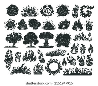 Cartoon flames silhouettes, burning flame, sketched wildfire elements. Doodle flame, smoke and fire burning clouds silhouette vector illustrations set. Sketched flames symbols