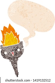 cartoon flaming chalice with speech bubble in grunge distressed retro textured style