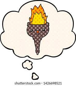cálice flamejante de desenho animado com bolha de pensamento no estilo de quadrinhos