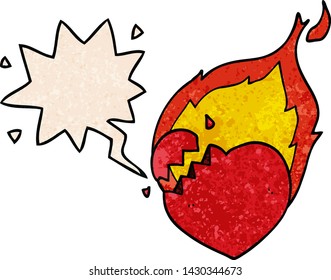 cartoon flaming heart with speech bubble in retro texture style