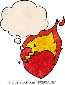 cartoon flaming heart with thought bubble in grunge texture style