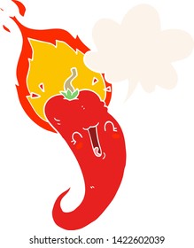 cartoon flaming hot chili pepper with speech bubble in retro style