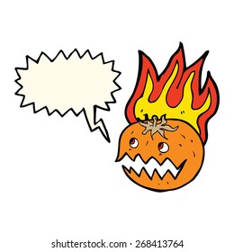 cartoon flaming pumpkin with speech bubble