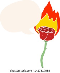 cartoon flaming rose with speech bubble in retro style