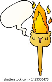 cartoon flaming torch with speech bubble in smooth gradient style