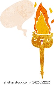 cartoon flaming torch with speech bubble in grunge distressed retro textured style