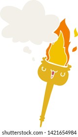 cartoon flaming torch with thought bubble in retro style