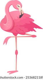 Cartoon flamingo balancing gracefully on one leg, showcasing its vibrant pink plumage and elegant posture