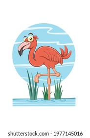 cartoon flamingo characer with background