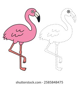 Cartoon flamingo clip art vector isolated on white background. Doodle flamingo coloring pages for kids. Trace and color flamingo. Animal worksheets for kids activity printable. 