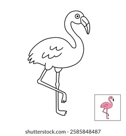 Cartoon flamingo clip art vector isolated on white background. Doodle flamingo coloring pages for kids. Trace and color flamingo. Animal worksheets for kids activity printable. 