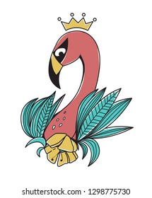 Cartoon flamingo with a crown isolated on a white background. Original character. Vector illustration. can be used as stickers, prints, etc.