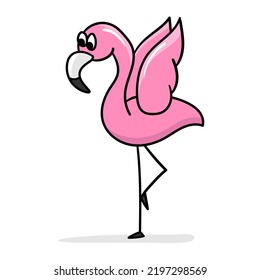 Cartoon flamingo. The cute pink flamingo has raised its wings and stands on one leg. Cartoon sticker, thick outline. Icon for design