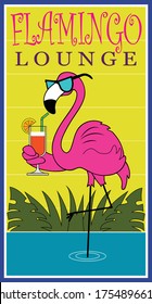 A cartoon flamingo enjoys a tropical drink.