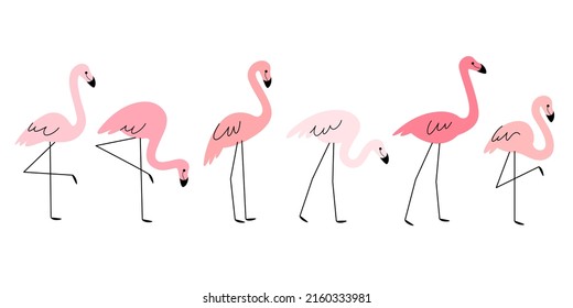 Juego de iconos de flamingo de dibujos animados. Un pájaro lindo con diferentes poses. Ilustración vectorial para impresiones, ropa, embalaje, pegatinas.