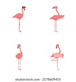 Cartoon flamingo icons set cartoon vector. Cute pink flamingo bird. Cartoon character