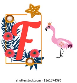 Cartoon Flamingo and letter F, tropical decoration, for baby book