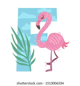 Cartoon flamingo with the letter F. Vector illustration on a white background.