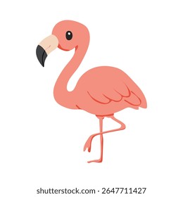 Um flamingo de desenho animado com penas cor-de-rosa e um bico rosa. O flamingo está andando na perna direita