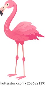 Cartoon flamingo with pink plumage and long legs standing on a white background, a symbol of elegance and exotic beauty