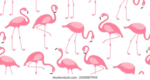 Patrón sin fisuras flamenco de dibujos animados, fondo de cisne rosa, impresión de pájaro tropical, conjunto de animales de verano, lindo Fondo de pantalla de personaje de zoológico. Ilustración vectorial de fauna exótica