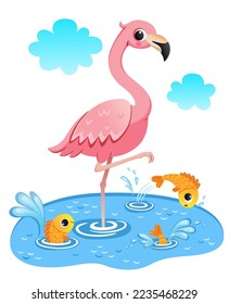 Cartoon flamingo standing in the water and three diving orange fish