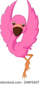 Cartoon Flamingo Standing with Wings Raised in Excitement of illustration