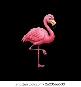 A cartoon flamingo stands on one leg with a black background,exhibiting a pink and red hue and a whimsical expression.