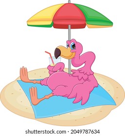 cartoon flamingo sunbathing on the beach