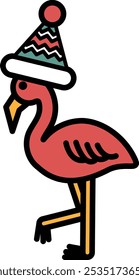 A cartoon flamingo wearing a hat and walking. The hat is red and white