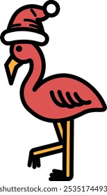 A cartoon flamingo wearing a Santa hat. The flamingo is walking and has a festive hat on