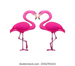 Cartoon flamingos forming a heart shape love symbol for valentine day. Isolated vector two pink flamingo birds facing each other, forming a heart shape with their necks, symbolizing romantic relations