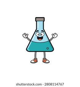 Cartoon flask character with blue liquid and wide smile.